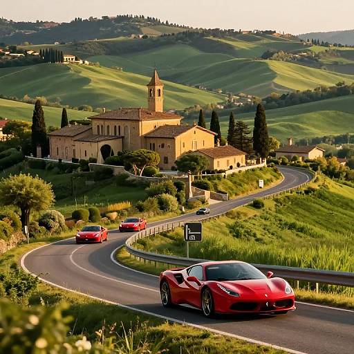 Photograph of a winding road through lush green hills, leading to a yellow stone church with a bell tower, flanked by tall cypress trees.