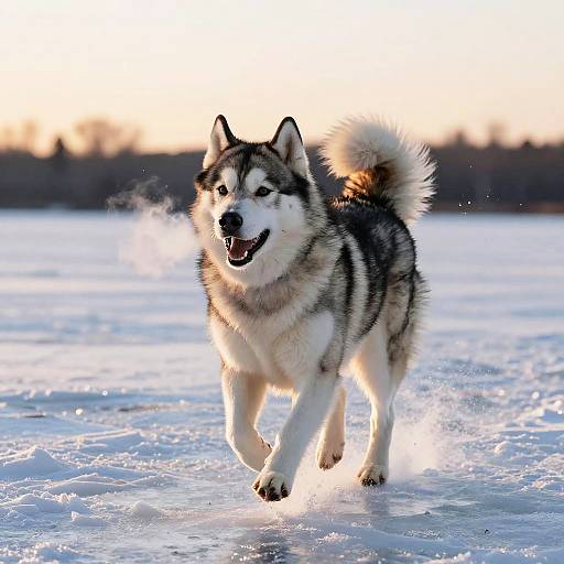Joyful Alaskan Malamute Running at Sunset