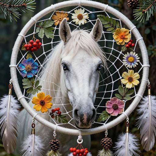 Photograph of a white horse's head centered in a vibrant dreamcatcher adorned with colorful flowers, pinecones, and feathers, set against a