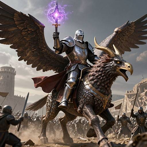 Digital fantasy artwork of armored knight with wings and glowing purple magic, riding griffon, amidst battle with armored soldiers in medieval castle.
