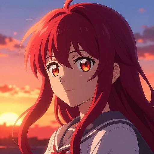 Anime-style digital illustration of a red-haired girl with large, red eyes, wearing a sailor school uniform, against a vibrant sunset sky.