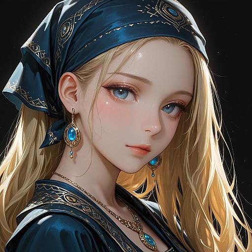 Blonde Woman with Blue Jewelry and Headscarf