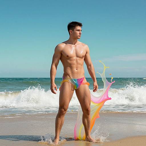Muscular man with tan skin, short black hair, wearing colorful, rainbow-patterned Speedo, standing in ocean waves under clear blue sky. Phot