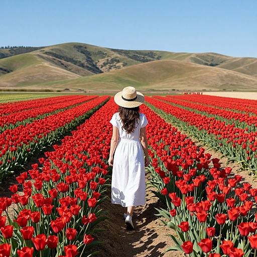 Photograph of a woman in a white dress and straw hat walking through vibrant red tulip fields towards rolling green hills under a clear blue sky.