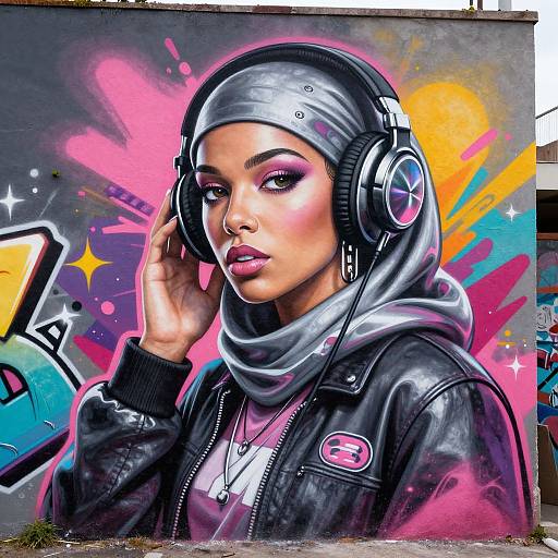 Graffiti-style digital portrait of a confident Black woman with pink eyeshadow, wearing a silver headscarf, black leather jacket, and headphones