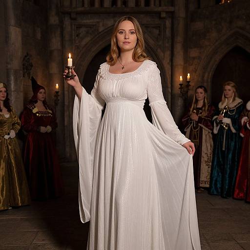 Photograph of a fair-skinned woman with wavy brown hair, wearing a long, white, flowing gown with lace sleeves, holding a lit candle