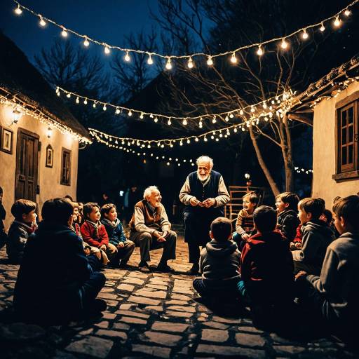 Elder Storyteller with Children in Rustic Village Square