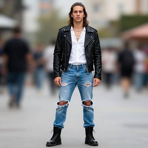 Photograph of a young man with long brown hair, wearing a black leather jacket, white shirt, ripped blue jeans, and black boots, standing confidently