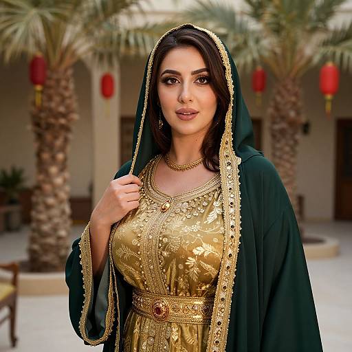 Photorealistic digital portrait of a beautiful Middle Eastern woman in a gold embroidered dress and dark green hijab, standing in a courtyard with palm trees and