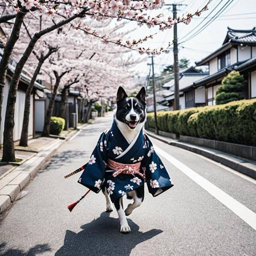 Samurai Dog in Kimono on Cherry Blossom Street Samurai Dog in Kimono on Cherry Blossom Street