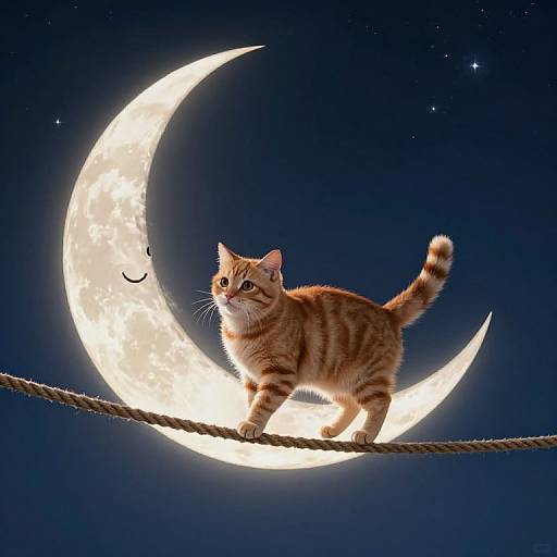 Photograph of a cute orange tabby kitten with striped fur standing on a rope against a glowing crescent moon with a smiling face in a starry