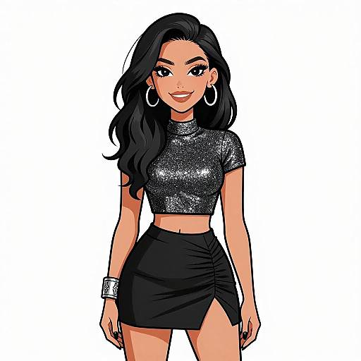 Digital illustration of a smiling woman with long black hair, wearing a sparkly black crop top, black high-waisted skirt, silver bracelet, and