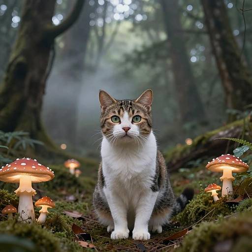 Spooky Hyperrealistic Cat in Bioluminescent Forest