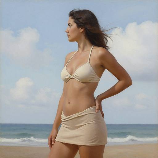 Photograph of a fit, fair-skinned woman with long brown hair, wearing a beige bikini top and mini skirt, standing on a sunny beach with