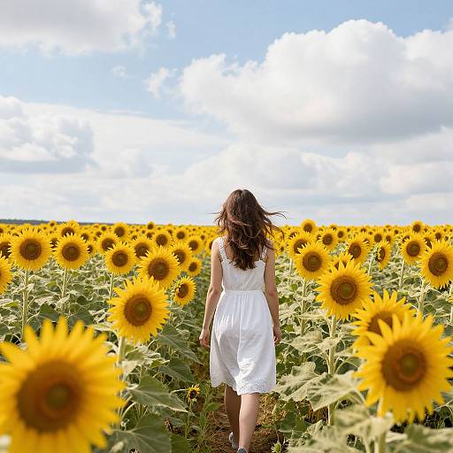 Photograph of a woman in a white dress walking through a sunlit sunflower field, with a blue sky and fluffy clouds in the background.