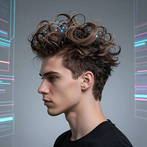 Photograph of a young Caucasian man with dark, voluminous, curly hair and futuristic neon streaks in the background, wearing a black shirt, looking