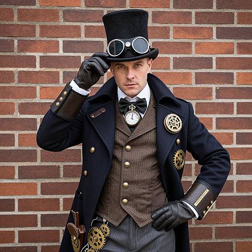 Steampunk man in top hat, goggles, brown vest, black coat, gloves, and gear accents, standing against a red brick wall. Photograph