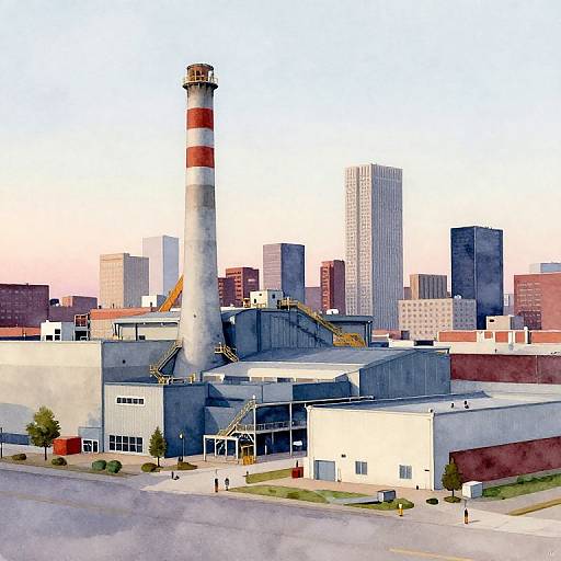 Watercolor Detroit Factory at Dusk