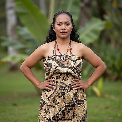 Photograph of a confident, medium-built Black woman with long black hair, wearing a patterned beige and black strapless dress, standing with hands on