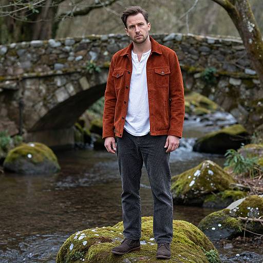 Photograph of a bearded man with short brown hair, wearing a rust-colored suede jacket, white shirt, and dark jeans, standing on a moss