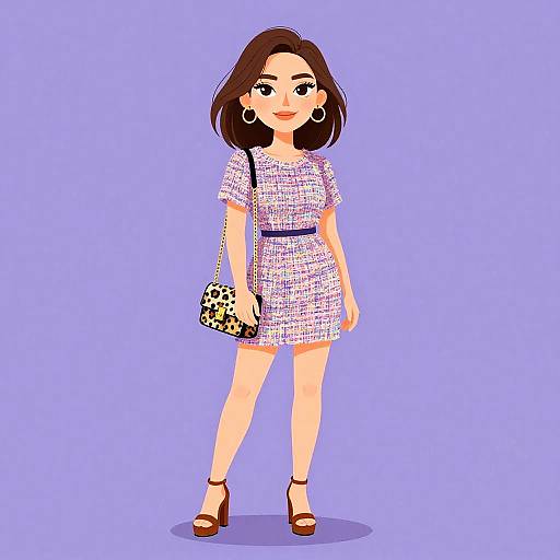 Digital illustration of a stylish woman with brown hair, wearing a white patterned dress, brown heels, leopard-print purse, and earrings, against a purple