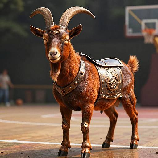 Bronze Armored Goat on Basketball Court