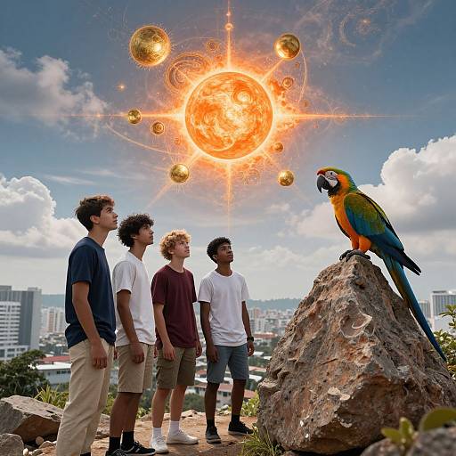 Photograph of four young men in casual clothes, standing on a rocky hill, gazing at a colorful parrot perched on a rock, with