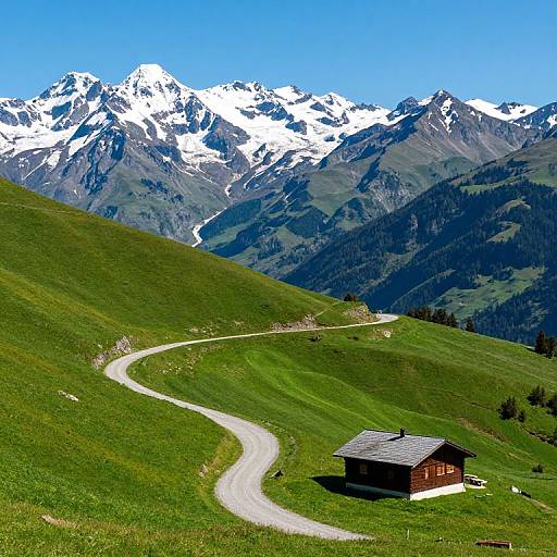 Photograph of a small wooden cabin on a winding road in a lush green valley, with snow-capped mountains in the bright blue sky background.
