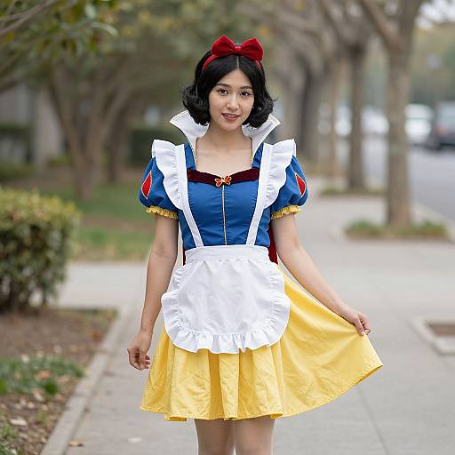Photograph of an Asian woman in a Snow White costume with a blue bodice, yellow skirt, white apron, red bow, and black hair
