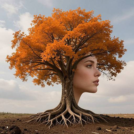 Photograph of a surreal scene: a woman's head merges with an orange-leaved tree, its roots growing from dark soil, against a cloudy sky