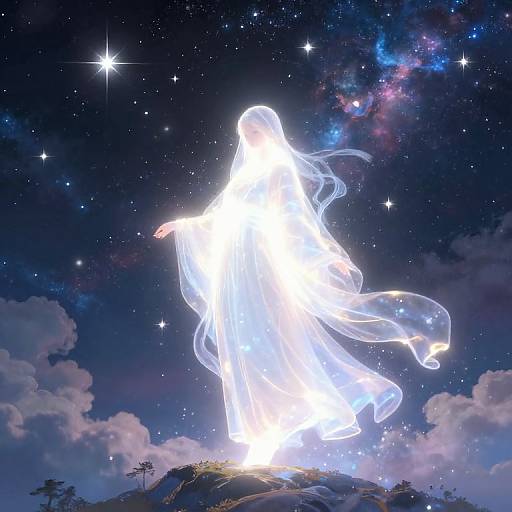 Digital artwork of a glowing, ethereal figure in a flowing white robe standing on a mountain at night, surrounded by a star-filled sky and vibrant galaxy