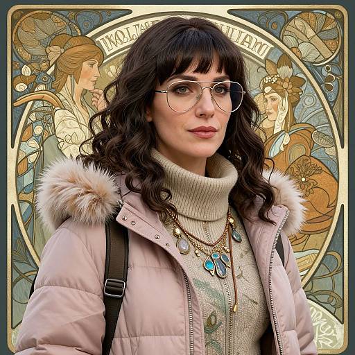 Photograph of a woman with wavy black hair, wearing round glasses, a pink puffer jacket with fur trim, and a beige turtleneck