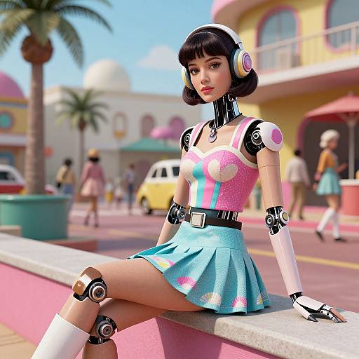 CGI image of a robotic, anime-style girl with black bob haircut, pink and blue outfit, white knee-high socks, and headphones, sitting on