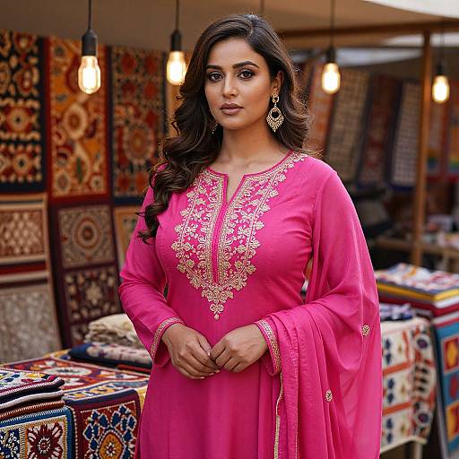 Photograph of a beautiful South Asian woman with long dark hair, wearing a vibrant pink traditional kameez with gold embroidery, standing in a colorful textile