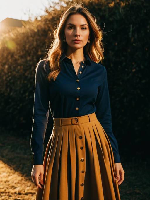Woman in Navy Shirt and Tan Pleated Skirt