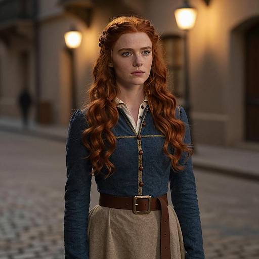 Portrait of Woman in Historical Costume on Cobblestone Street