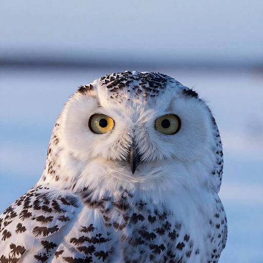 Close-up photograph of a snowy owl with striking yellow eyes, black speckled feathers, and intense gaze against a blue, blurred background.