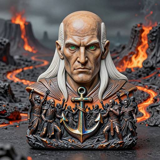 Digital illustration of a bald, white-haired, green-eyed male figure with intricate armor adorned with small statues, set against a fiery, volcanic landscape.