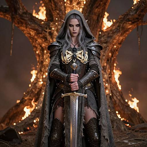 Digital artwork of a fierce, gray-haired, armored warrior woman with horns, holding a sword, standing before a blazing, charred tree.