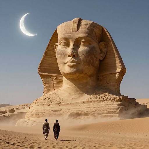Photograph of two figures walking towards massive sandstone statue of ancient Egyptian pharaoh under a crescent moon in desert.