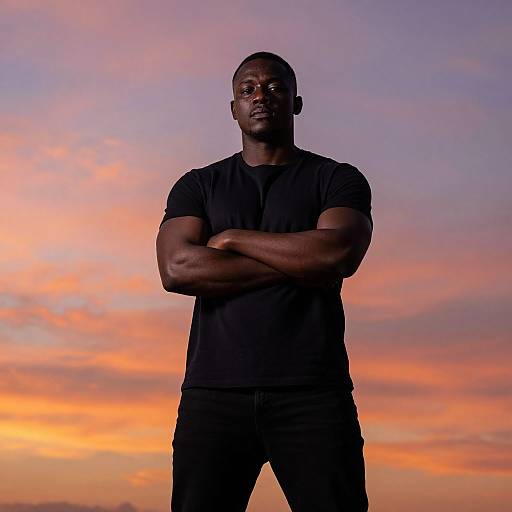 Photograph of a muscular Black man with short hair, wearing a black t-shirt and pants, standing against a vibrant sunset sky with orange, pink,