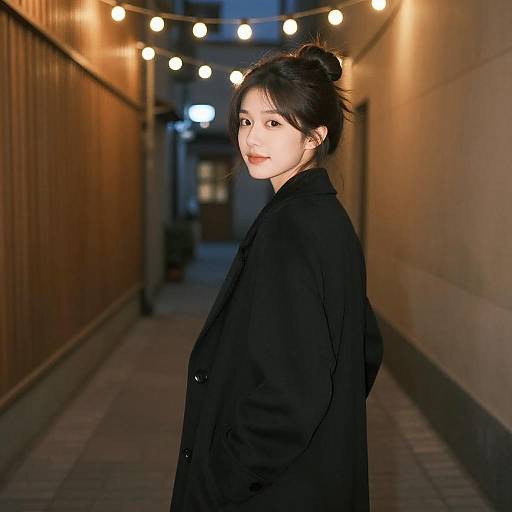 Photograph of an East Asian woman with fair skin, black hair in a bun, wearing a black coat, standing in a dimly lit, narrow