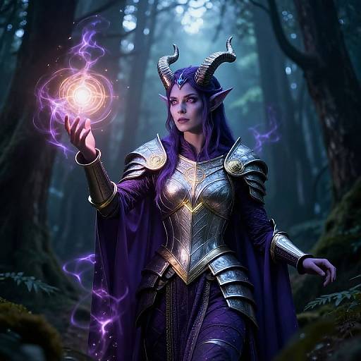Digital artwork of a dark elf woman with purple hair, horns, and glowing armor, conjuring a magical light in a mystical forest.