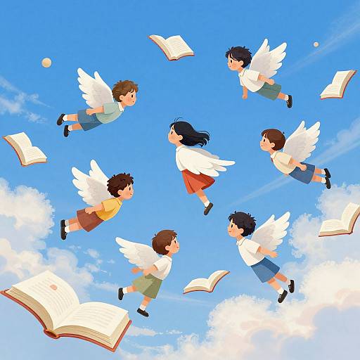 Digital illustration of six children with white wings flying in a blue sky, surrounded by floating open books, creating a whimsical, educational scene.