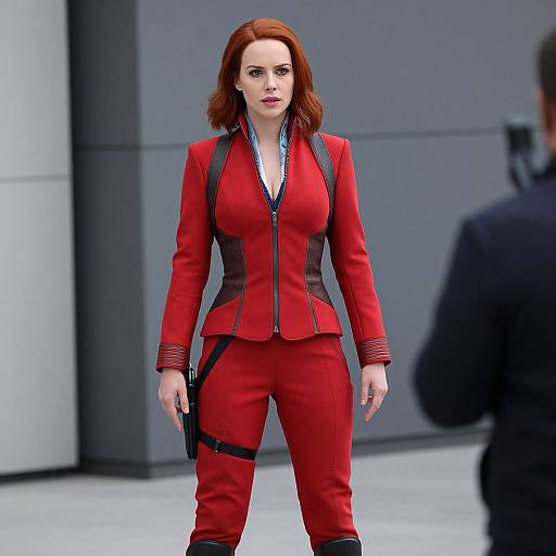 Photograph of a red-haired woman in a red, form-fitting suit with black accents, standing confidently with a handgun holster on her left thigh,