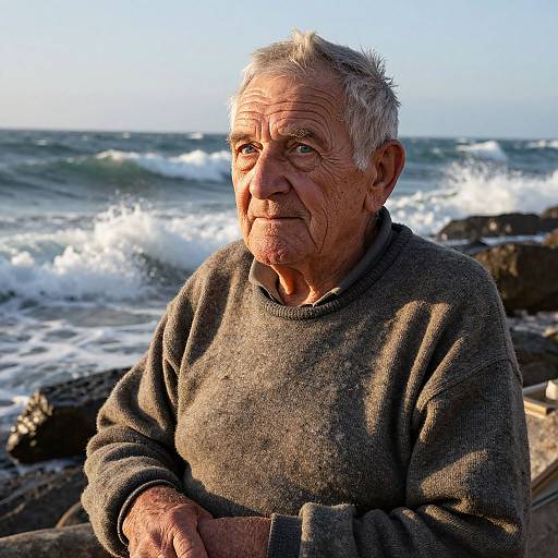 Photograph of an elderly man with white hair, wrinkles, and deep-set eyes, wearing a gray sweater, sitting by a rocky beach with waves crashing