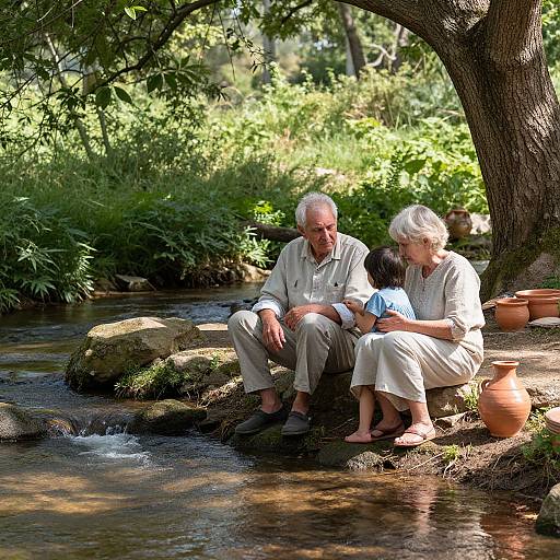 Photograph of an elderly white couple with gray hair sitting by a sunny forest creek, holding a child, surrounded by pots and lush greenery.