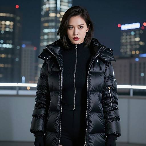 Photograph of an Asian woman with straight black hair, wearing a black puffer jacket and black turtleneck, standing at night in front of a