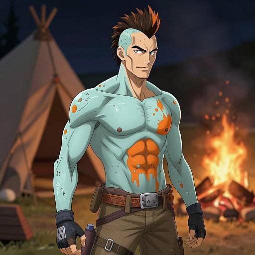 Muscular, blue-skinned man with orange markings, black mohawk, and brown pants stands by campfire and tent at night, digital anime style