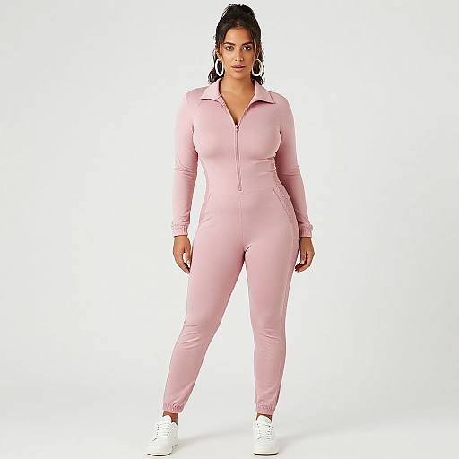 Photograph of a curvy woman with dark hair in a ponytail, wearing a light pink zip-up jumpsuit and white sneakers, standing against a